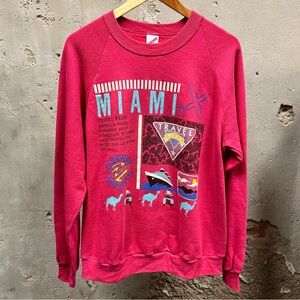 Vintage 1980s Travel Wear Miami Hot Pink Graphic Flight Sweatshirt Large L